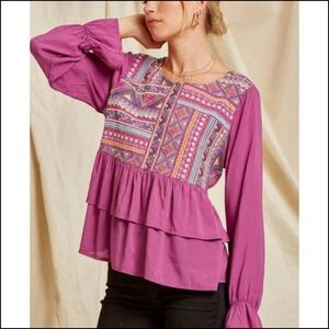 🎁5/$25 Savanna Jane Magenta Tribal Embroidery Tiered Top